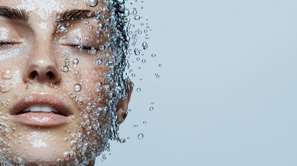 A serene close-up of a woman's face, adorned with water droplets, showcasing a refreshing and radiant skin appearance.