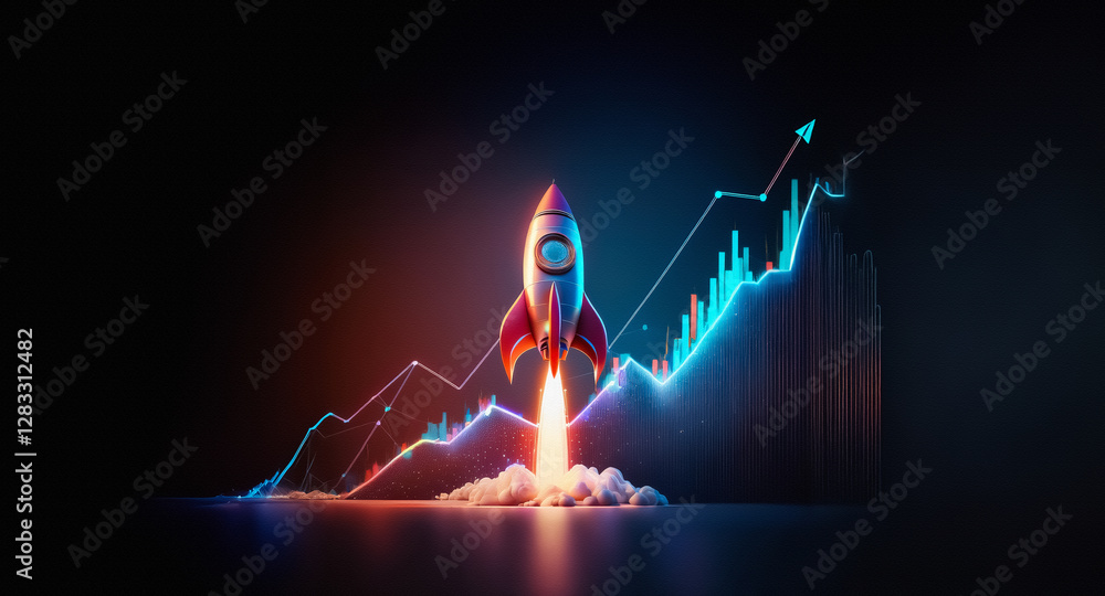 Poster neon rocket launches upwards against a glowing graph showing growth on dark backdrop. symbolizes bus