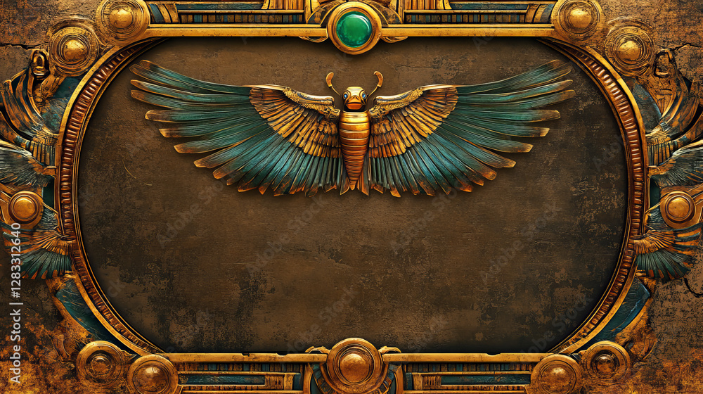Poster gold ancient egyptian ui game frame vector element. pharaoh treasure ornament border with emerald an