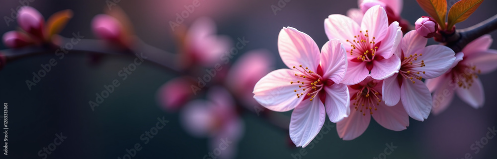 Poster delicate cherry blossoms bloom on a dark bokeh background with vibrant colors and intricate details 