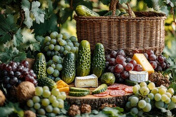 Rustic picnic spread with cheese, grapes, cucumbers, and salami in vineyard setting