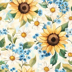 Summer Floral Pattern: A cheerful watercolor illustration featuring sunflowers, daisies, and forget-me-nots in a vibrant, repeating pattern, perfect for textile design and digital projects.