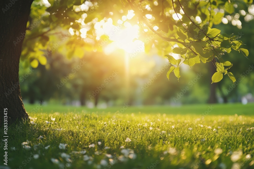 Poster Sunlight filters through leaves illuminating a tranquil park in springtime. Generative AI