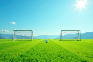 A solitary ball rests on a vibrant green field, two empty goals stand sentinel under a brilliant sun, mountains forming a serene backdrop