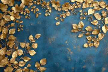 Gold Leaf Decoration on Blue Texture Background