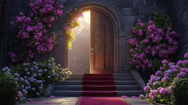 Medieval night castle interior, wooden arched door with potted flowers, stone stairs with red carpet and brick wall, entry to palace with moonlight fall through window. Fairytale Cartoon vector scene