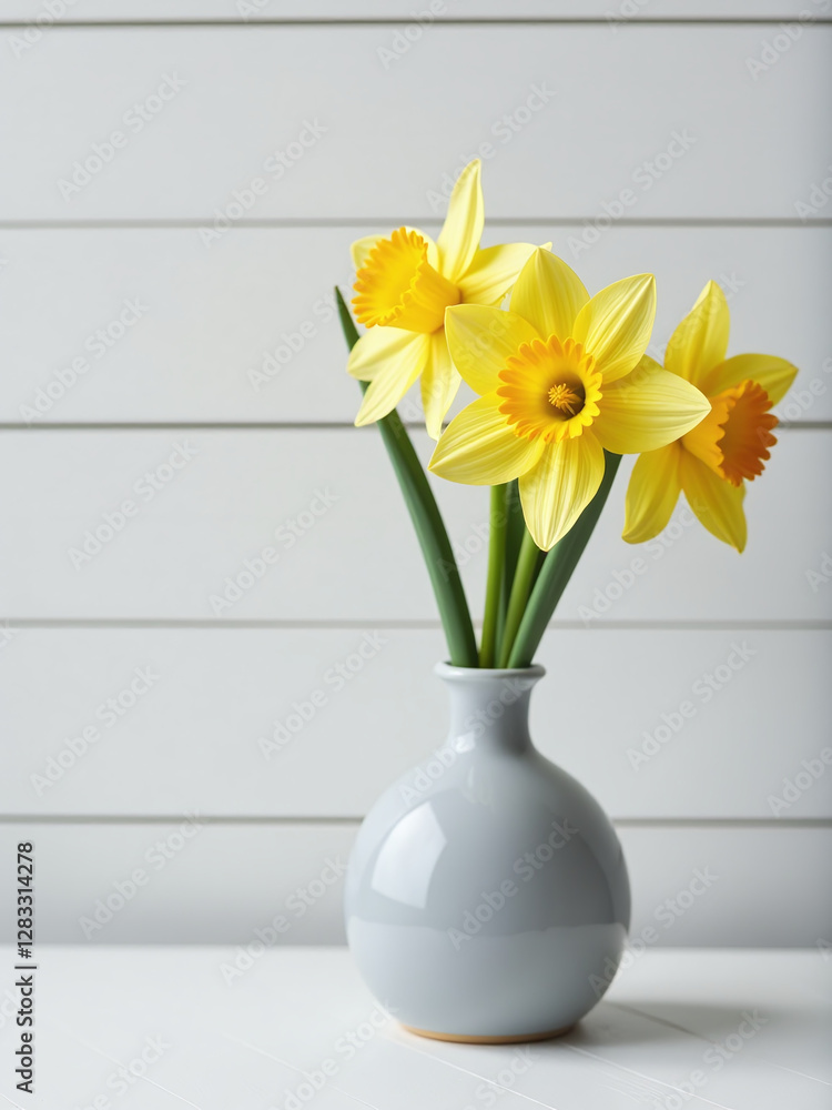Poster daffodil flower placed in a modern gray vase on a table with white wood shiplap and empty space to o