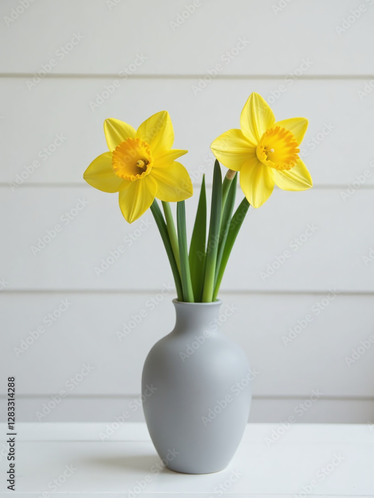 Poster daffodil flower placed in a modern gray vase on a table with white wood shiplap and empty space to o