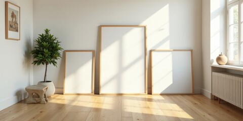 Fototapeta premium Sunlit Room Interior with Blank Picture Frames and Potted Plant on Wooden Floor