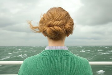 Fototapeta premium Woman with Red Hair in Green Sweater Observing Ocean Waves from Ship Deck on a Cloudy Day