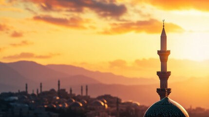 Fototapeta premium Majestic Mosque Minaret Against a Golden Sunset Over Mountains