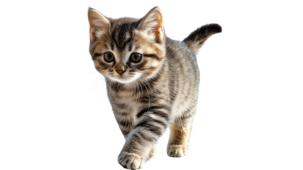 Cute gray tabby kitten walking with curiosity