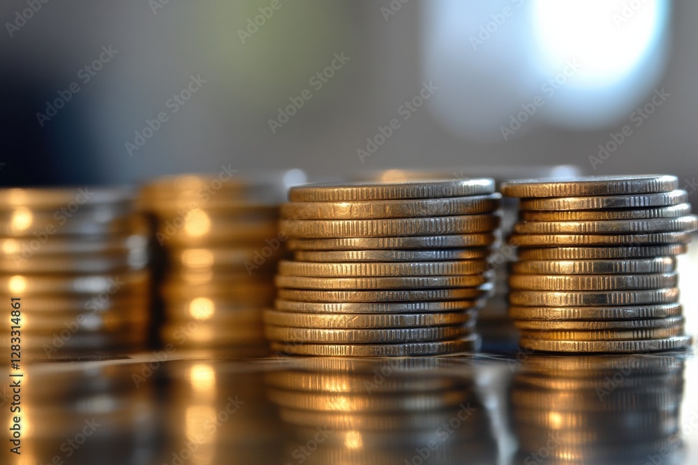 Poster stacks of coins reflecting light on a smooth surface in a well lit room during the afternoon. genera