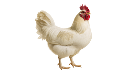 White hen standing on a farmyard surface