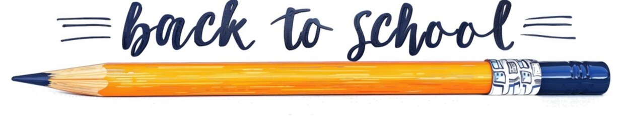 A pencil with the words "back to school" written on it, isolated on a white background. The yellow pencil has a gray metal eraser at one end.