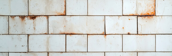 Worn white tiles with rust stains and imperfections on wall