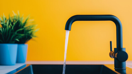 Modern black faucet with flowing water against vibrant yellow wall