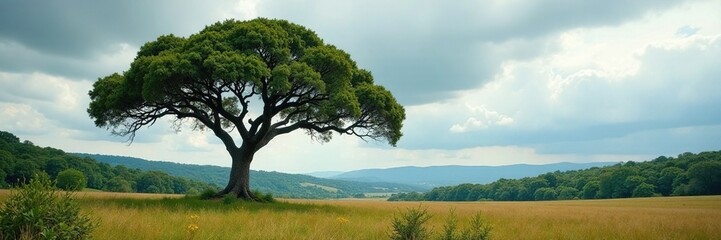 Big acacia tree dominates the cloudy landscape, cloudy sky, forest