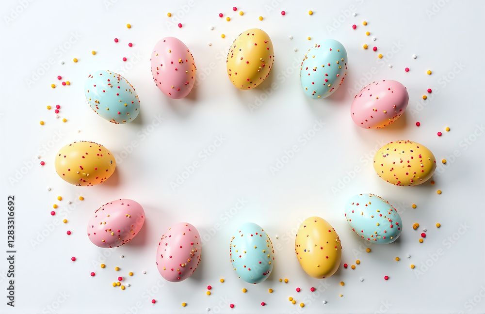 Aufkleber Colorful Eggshell Pattern Forms A Festive Design With Tiny Sugar Sprinkles On A Clean White Table With Empty Space Around It. 00001