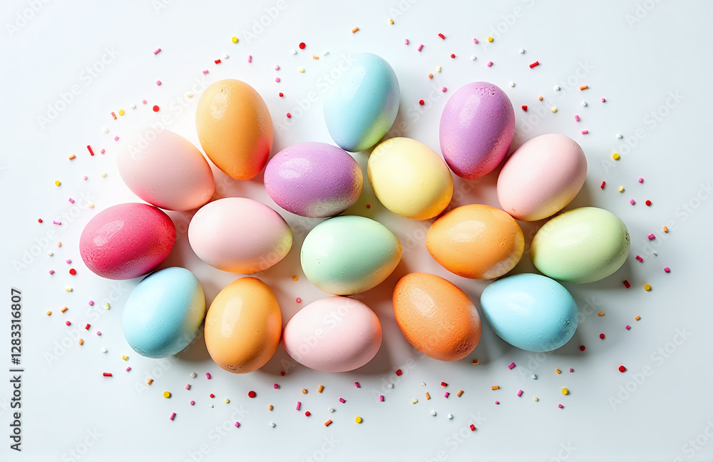 Aufkleber Colorful Eggshell Pattern Forms A Festive Design With Tiny Sugar Sprinkles On A Clean White Table With Empty Space Around It. 00002