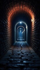 Fototapeta premium Dark tunnel walls lined with bricks stretch into darkness illuminated by dim hanging lights, abyss, depth, brick