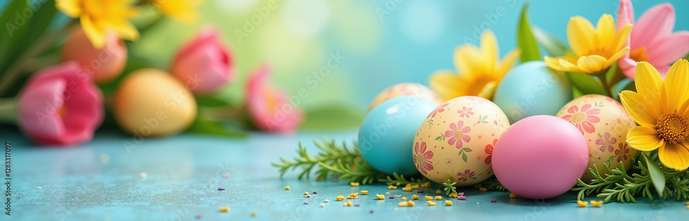 Poster Colorful Easter Scene With Selective Focus On Top Of Easter Eggs And Colorful Spring Flowers In A Blurred Background. 00002