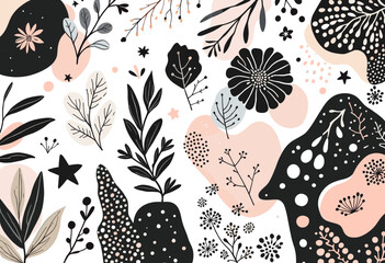 a variety of black and white flowers, leaves, and branches, with some pink and orange accents, creating a visually striking and abstract composition.