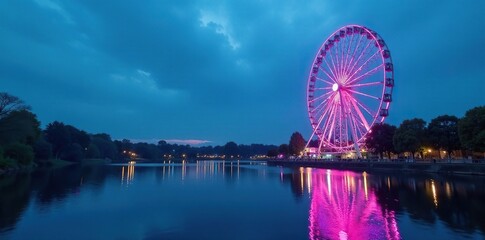 Ferris wheel against a serene blue lake backdrop at dusk, evening, reflection