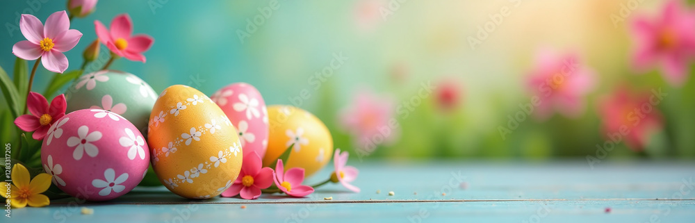 Poster Colorful Easter Scene With Selective Focus On Top Of Easter Eggs And Colorful Spring Flowers In A Blurred Background. 00001