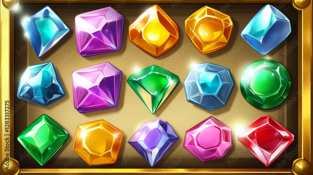 Poster match 3 magic gem game with gold frame setting vector set. app jewel button ui cartoon illustration.