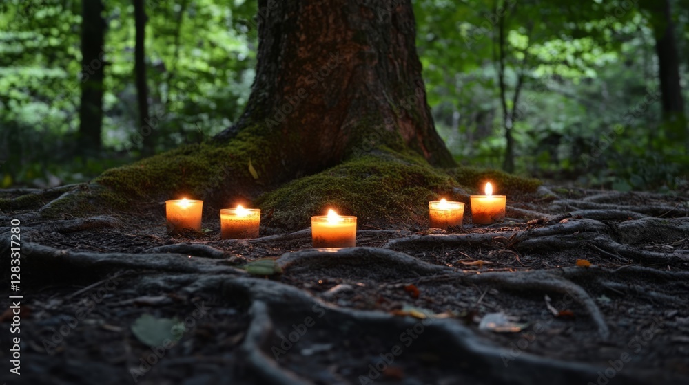 Poster candles illuminate the base of a tree in a peaceful forest setting, creating a calming and mystical 