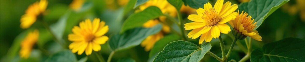 Obraz premium Large yellow flowers with dark green potato-like tubers on a large shrub, stems, flora
