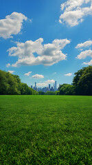 A wide, grassy field is surrounded by trees, with city buildings in the background under a blue sky and white clouds
