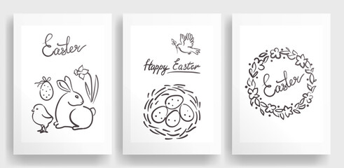 Happy Easter posters, hand drawn. Greeting picture with handwritten greeting. Rabbit and basket with eggs, Easter symbols.