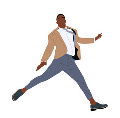 Black business man jumping for joy, celebrating success. Cartoon excited african american guy in in office smart casual clothes. Vector realistic illustration isolated