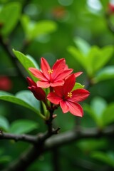 Obraz premium Red antholyza aethiopica flower on tree branch, flower, green, foliage