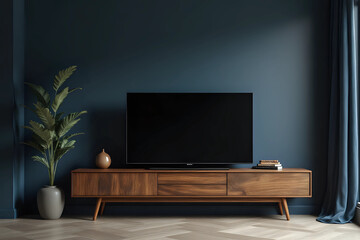 Woodle TV cabinate with  dark blue wall background at  Modern  mid-century interior living decor. Front view.
