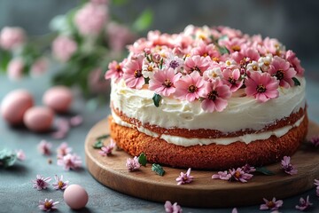 Basket with Easter eggs, Easter cake, candles and flowers on a white background.

