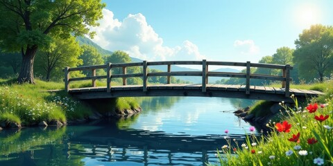 Fototapeta premium Serene wooden footbridge spanning a tranquil river, nestled amidst lush greenery and vibrant wildflowers under a bright sunny sky, creating a picturesque pastoral scene.