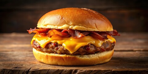 A juicy beef patty topped with melted cheddar cheese and crispy bacon on a toasted bun , meat, dinner,  meat, dinner