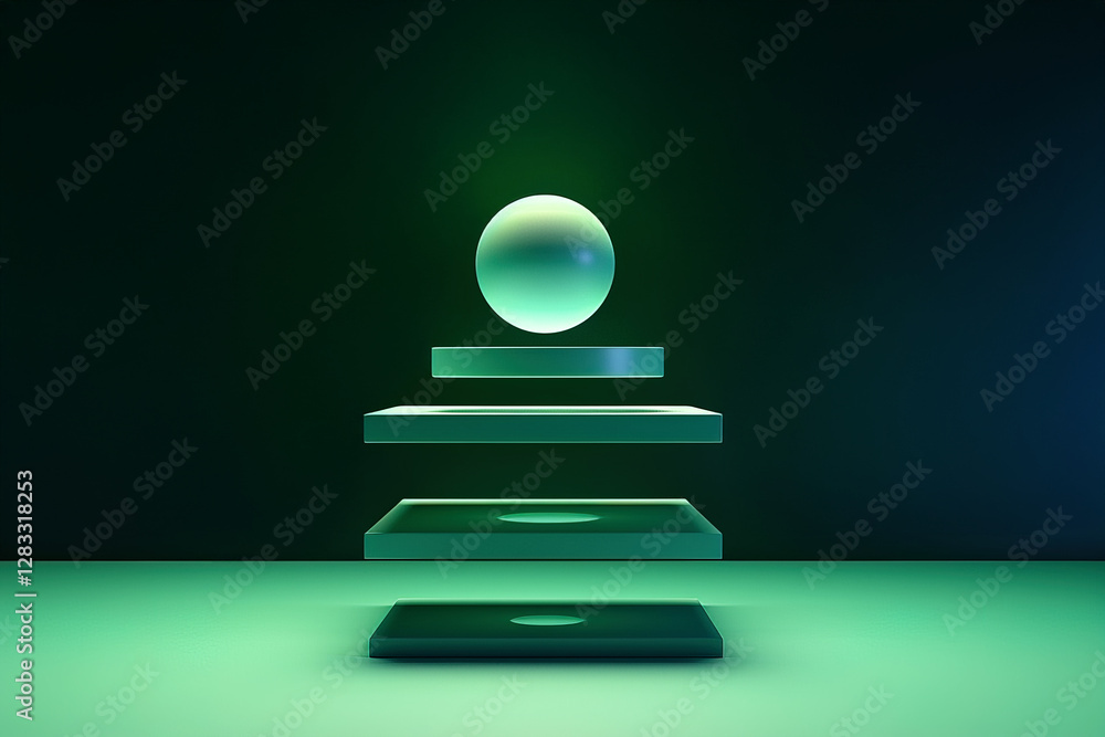 Poster dynamic composition of floating shapes and spheres in green tones