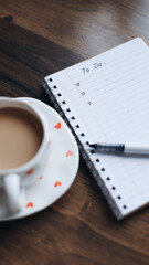 notebook on the table, notebook in hand. flatlay, to do list