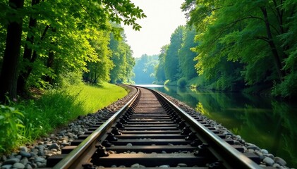 Fototapeta premium Steel rails weave through lush greenery, framing a serene lake, railroad, water, rails