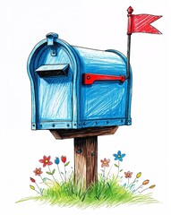 Blue mailbox with a small red flag child like drawing on a white background crayon art whimsical youthful hand drawn cartoon