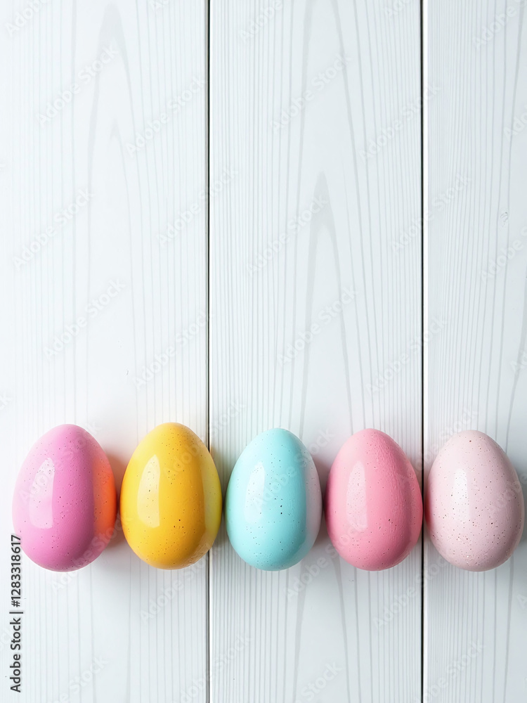 Poster Colorful Easter Eggs Arranged In A Row On A Simple White Wooden Background Create A Visually Appealing Easter Display. 00001