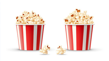 Striped paper box with popcorn isolated on white background. Vector realistic mock up of white and red bucket with pop corn for cinema or movie theater front and angle view