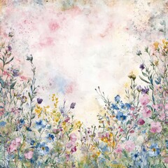 Serene Meadow Watercolor: A soft watercolor painting depicts a meadow in bloom, overflowing with wildflowers. The vibrant colors of the wildflowers create a serene ambiance.