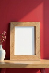 A blank wood frame rests on a light wooden shelf against a crimson wall, subtly illuminated by sunlight, featuring a delicate floral arrangement in a simple vase.