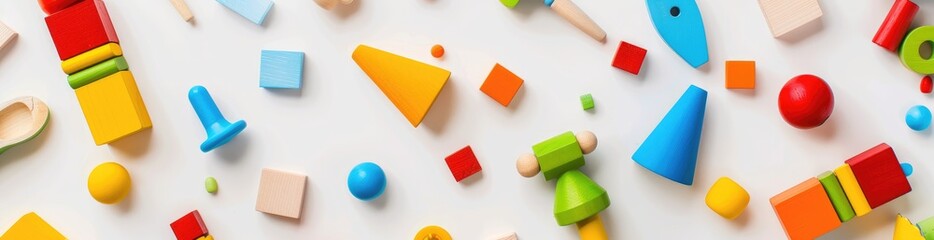 A top view of colorful wooden toys scattered on white background, banner with copy space area for kids playroom decoration concept