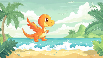 Naklejka premium Baby pterodactyl fly above sea. Cute flying dinosaur character. Vector cartoon illustration of tropical island landscape with sand beach, palm trees, ocean and funny dino